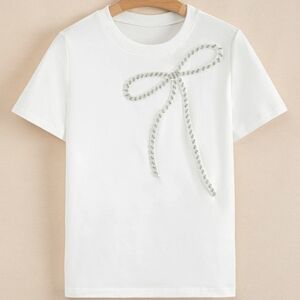 White Oversized Tee with Sparkle Bow Accent